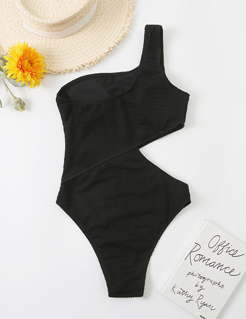 Fashion Black Crinkle Cutout One-shoulder Swimsuit