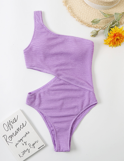Fashion Purple Crinkle Cutout One-shoulder Swimsuit