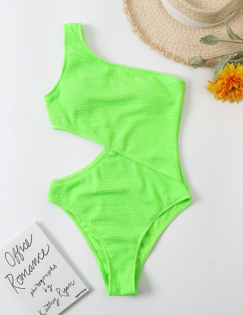 Fashion Fluorescent Green Crinkle Cutout One-shoulder Swimsuit