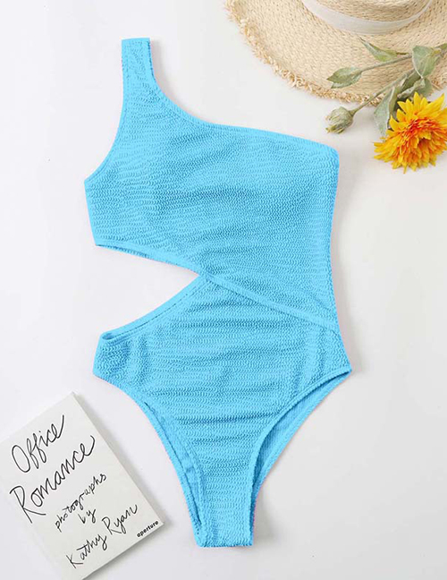 Fashion Blue Crinkle Cutout One-shoulder Swimsuit