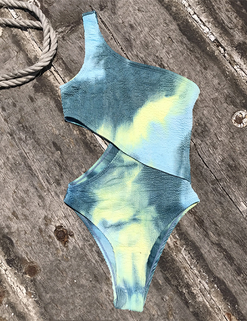 Fashion Blue Grey Tie Dye 2 Crinkle Cutout One-shoulder Swimsuit