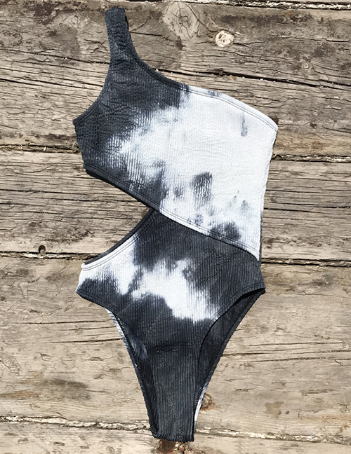 Fashion Black And White Tie Dye 3 Crinkle Cutout One-shoulder Swimsuit