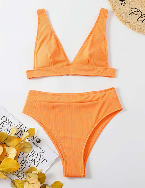 Fashion Orange Polyester V-neck High Waist Split Swimsuit