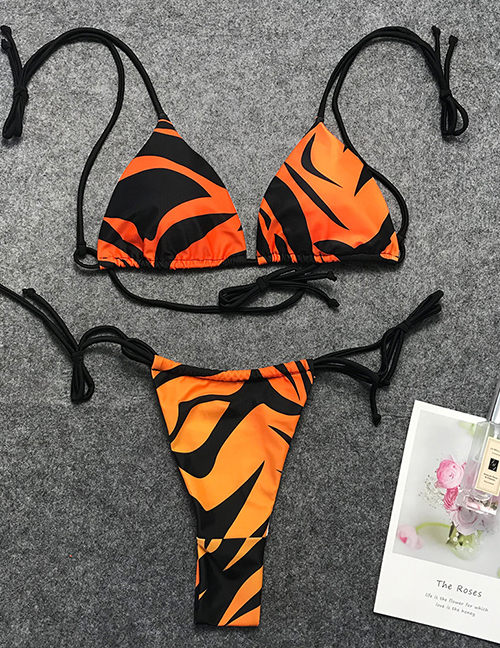 Fashion Orange Polyester Print V-neck Split Swimsuit