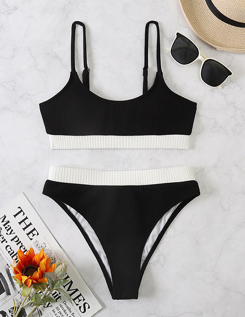 Fashion Black And White Polyester Colorblock Split Swimsuit
