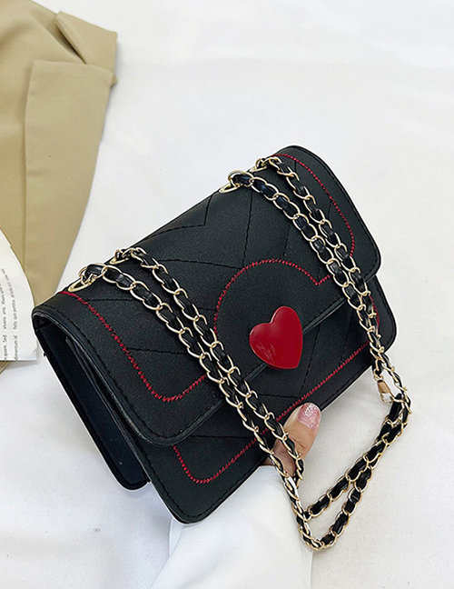 Fashion Black Large Pu Embroidered Thread Heart Flap Crossbody Bag