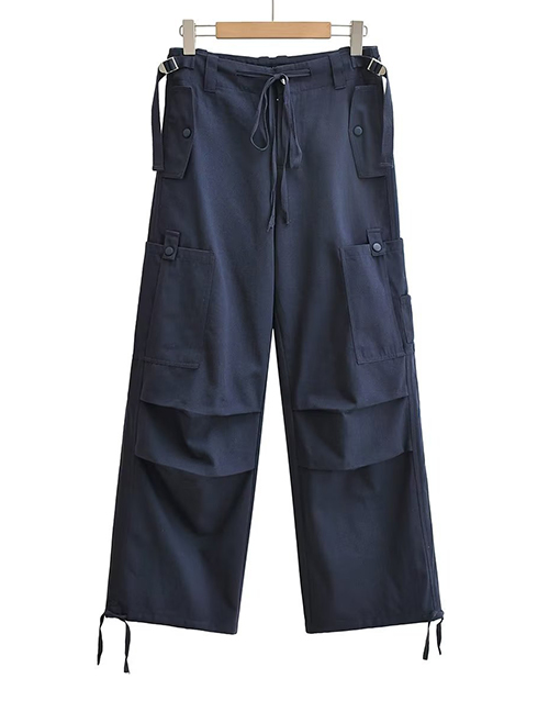 Fashion Navy Blue Solid Color Three-dimensional Drawstring Straight Trousers