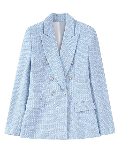 Fashion Blue Solid Textured Double-breasted Blazer