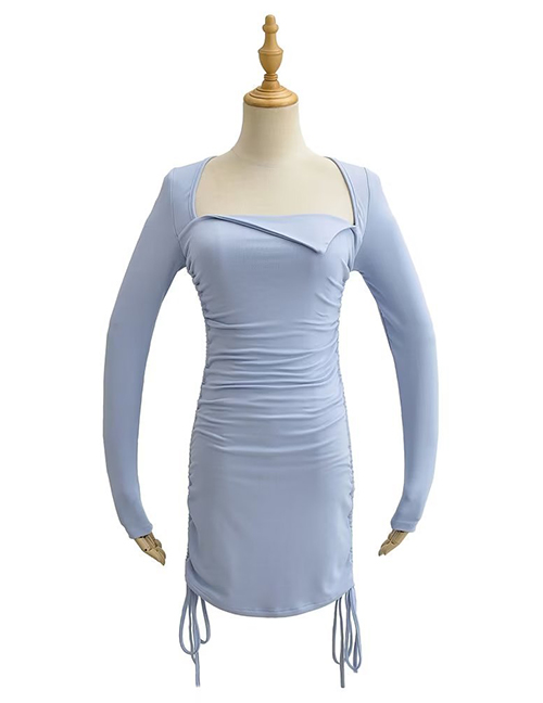 Fashion Blue Cotton Drawstring Dress