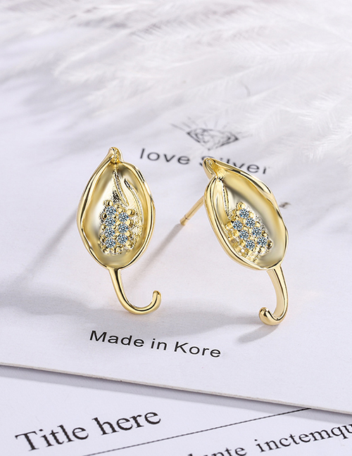 Fashion Golden Color Copper Diamond Leaf Stud Earrings