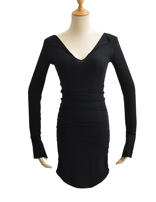 Fashion Black Cotton V-neck Side Pleated Dress