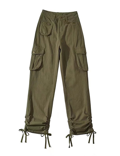Fashion Army Green Ruched Straight-leg Cargo Trousers