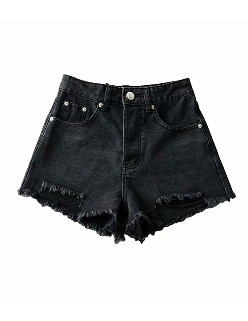 Fashion Black Washed Fringed Frayed High-rise Denim Shorts