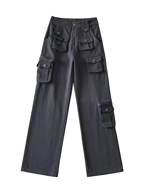 Fashion Dark Grey Solid Multi-pocket Cargo Straight Trousers