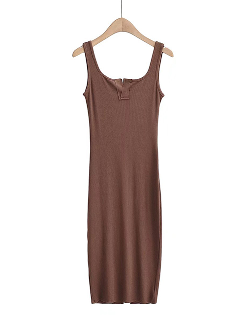 Fashion Brown Solid Color Knitted Slip Dress