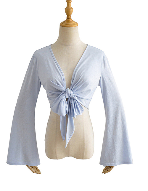 Fashion Blue Solid Tencel Flared Sleeve V-neck Shirt