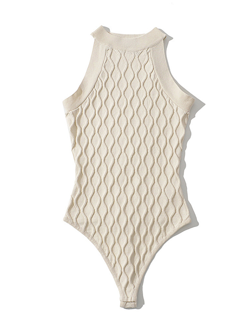 Fashion Creamy-white Solid Color Three-dimensional Hollow Textured Knitted Bodysuit