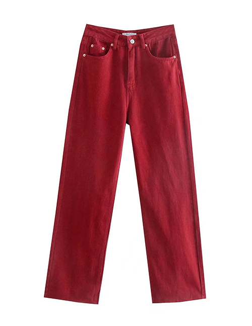 Fashion Dark Red Washed High-rise Frayed Denim Trousers