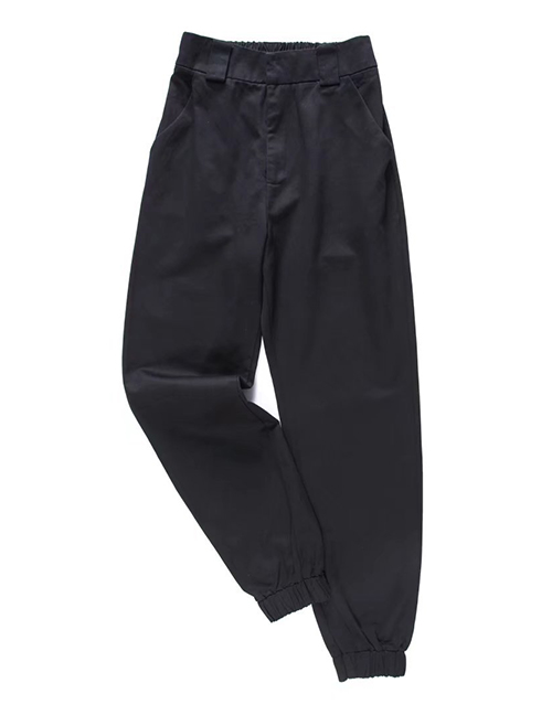 Fashion Black Solid High Waist Drawstring Straight Trousers