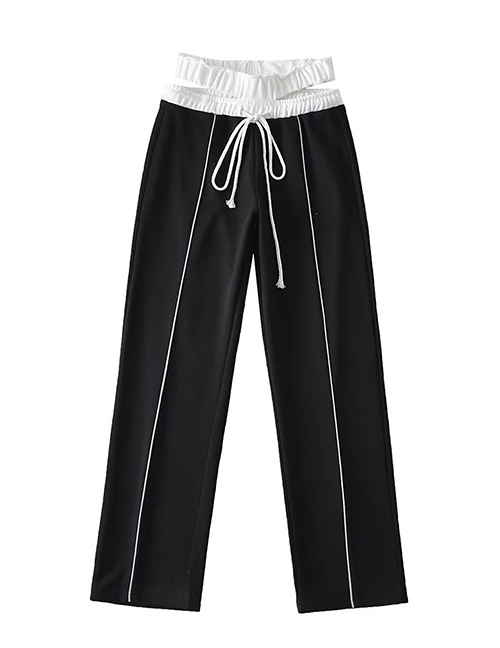 Fashion Black Double-waisted Panelled Neon-striped Straight-leg Pants