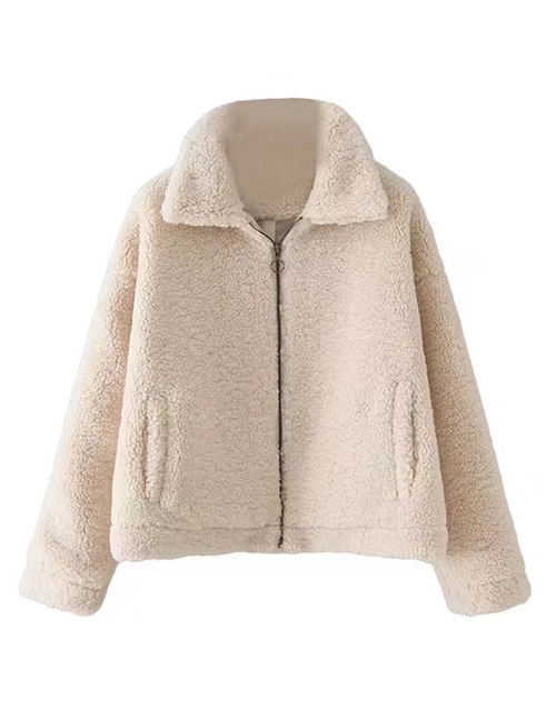 Fashion Beige Solid Lamb Wool Lapel Jacket