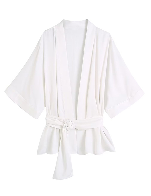 Fashion White Solid Silk-satin Kimono Coat