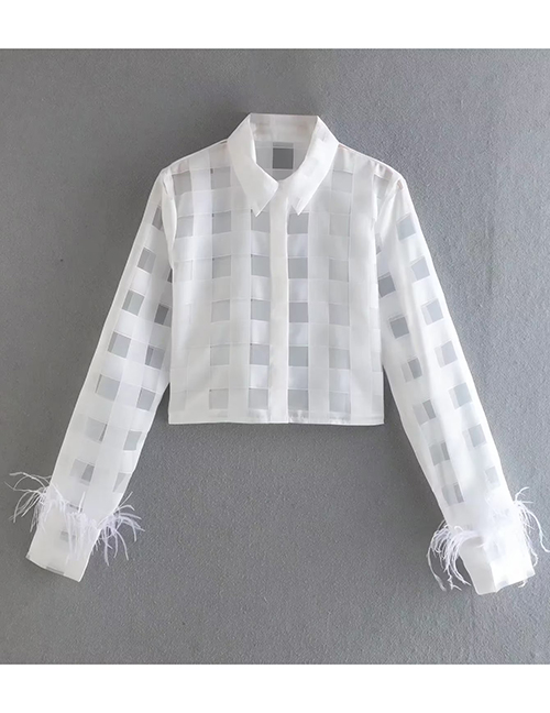 Fashion White Solid Organza Lapel Single Breasted Feather Cuff Shirt