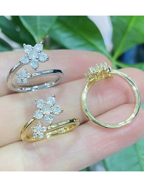 Fashion C Flower - Platinum Bronze Diamond Flower Pearl Open Ring