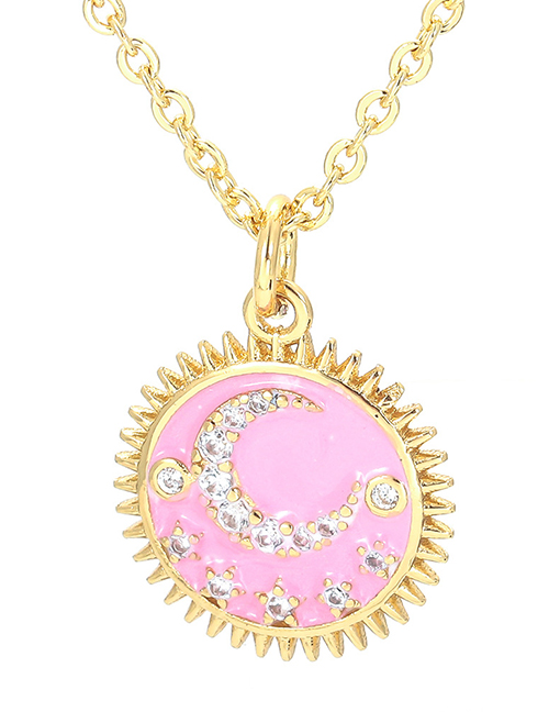 Fashion Pink Bronze Inlaid Zirconium Moondrop Medal Necklace