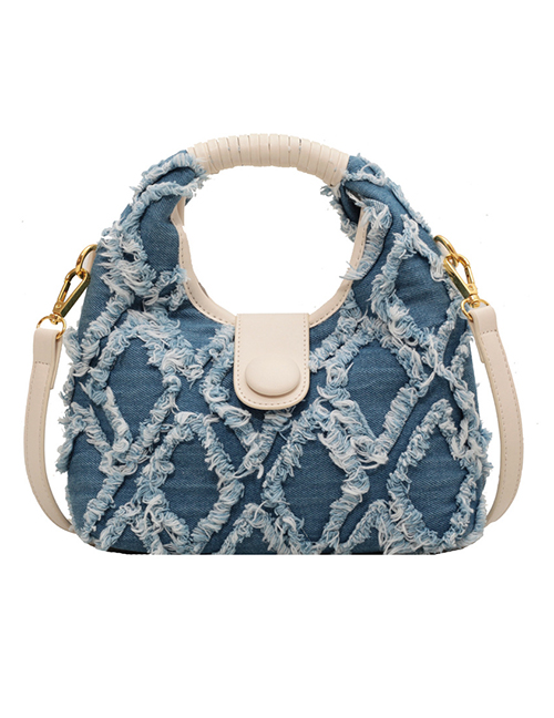 Fashion Blue Denim Frayed Large Capacity Crossbody Bag