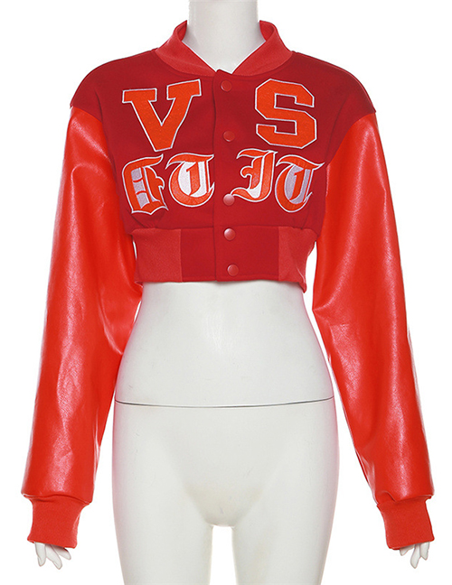 Fashion Red Polyester Alphabet Stand Collar Cropped Button Jacket