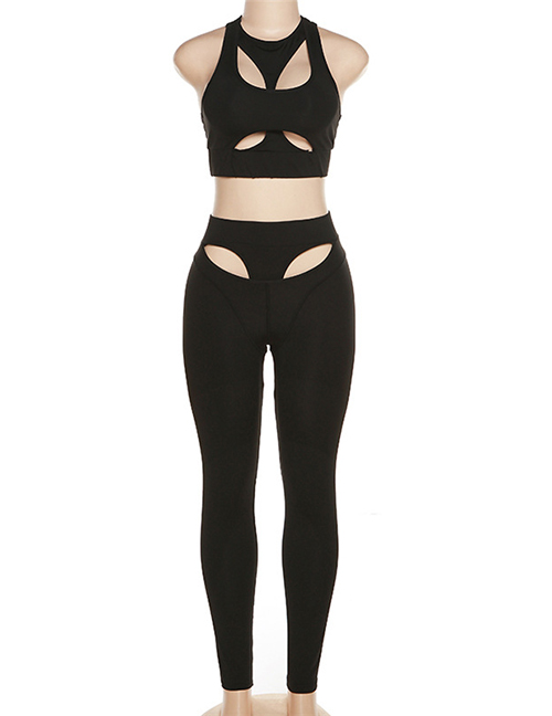 Fashion Black Polyester Solid Color Cutout Tank Top Pants Set