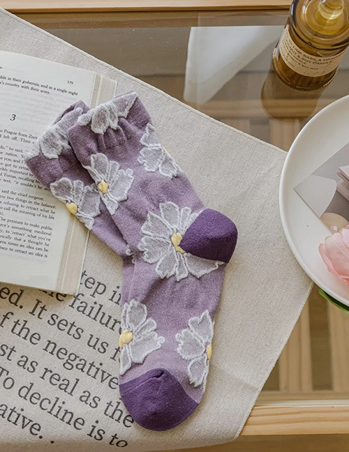 Fashion Purple White Flower Embossed Cotton Socks