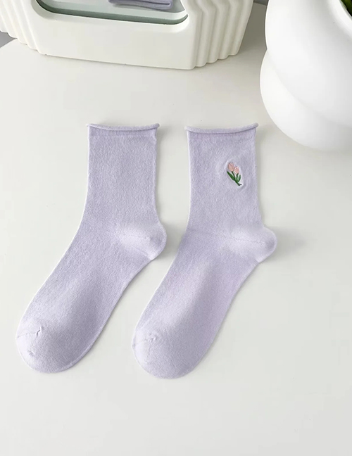 Fashion Lavender Tulip Embroidered Rolled Cotton Socks