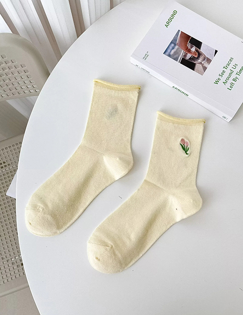 Fashion Goose Yellow Tulip Embroidered Rolled Cotton Socks