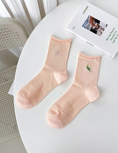 Fashion Pink Tulip Embroidered Rolled Cotton Socks