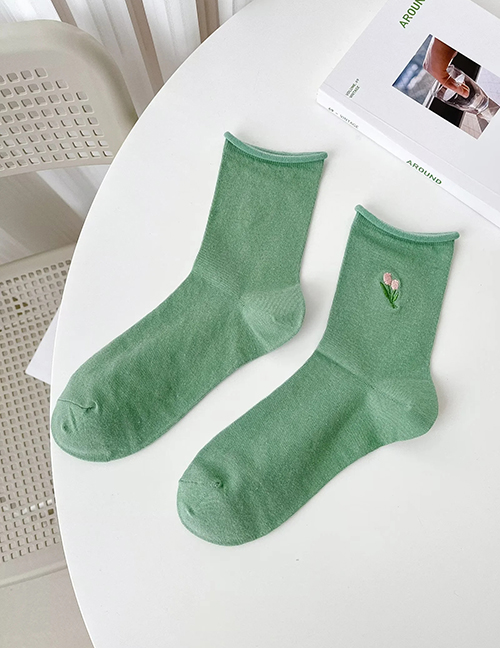 Fashion Green Tulip Embroidered Rolled Cotton Socks