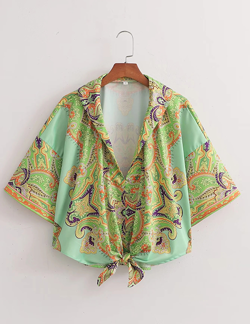Fashion Green Polyester Print Knotted V-neck Shirt