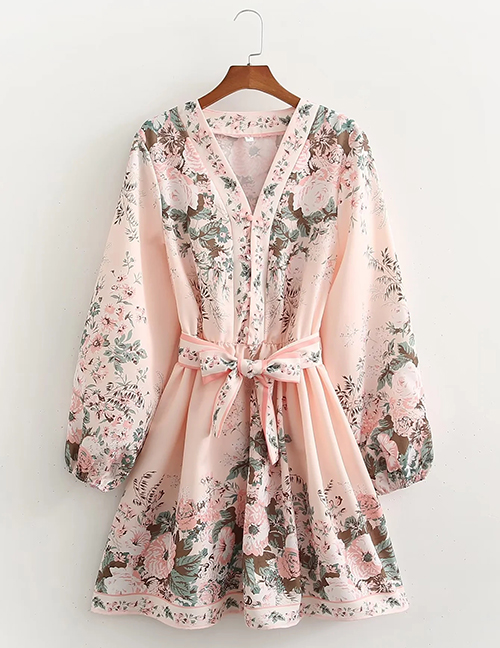 Fashion Pink Polyester Print Button-up Dress