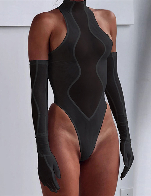 Fashion Black Mesh Panel Stand Collar Bodysuit