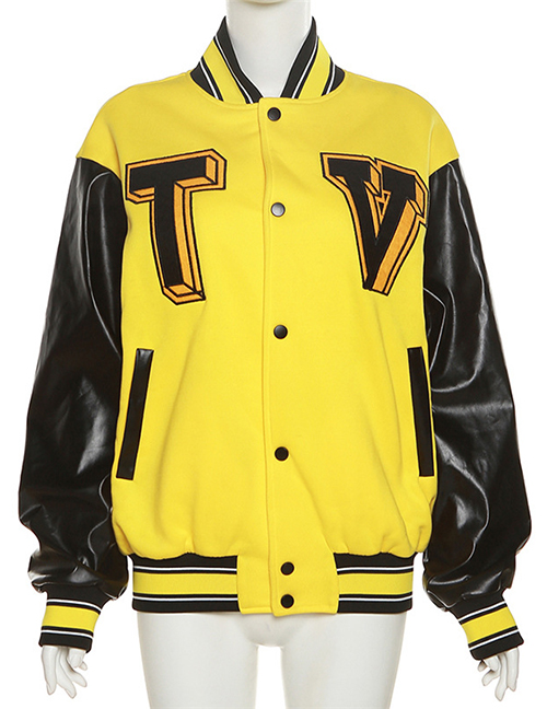 Fashion Yellow Polyester Alphabet Print Contrast Breasted Stand Collar Jacket