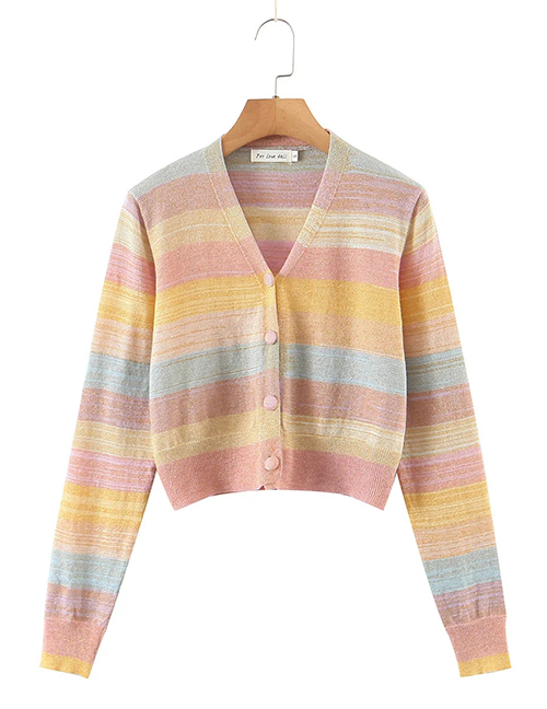 Fashion Color Gold Knitted Striped Cardigan