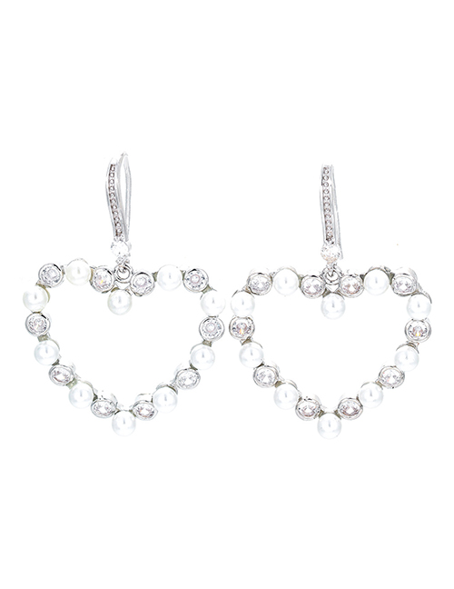Fashion White Gold Brass Diamond And Pearl Heart Earrings