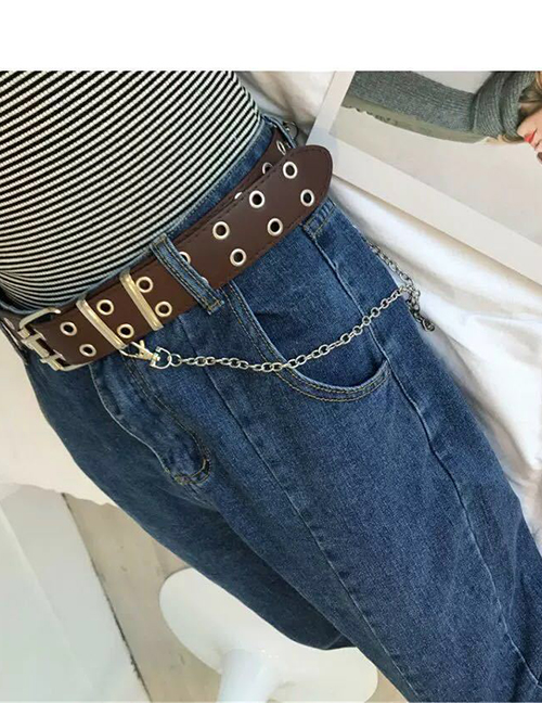 Fashion Double Row Corns Brown (with Hanging Chain) Pu Single Row Eyelet Chain Wide Belt