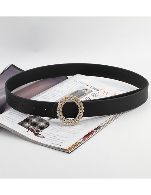 Fashion Black Pu Diamond Oval Buckle Wide Belt