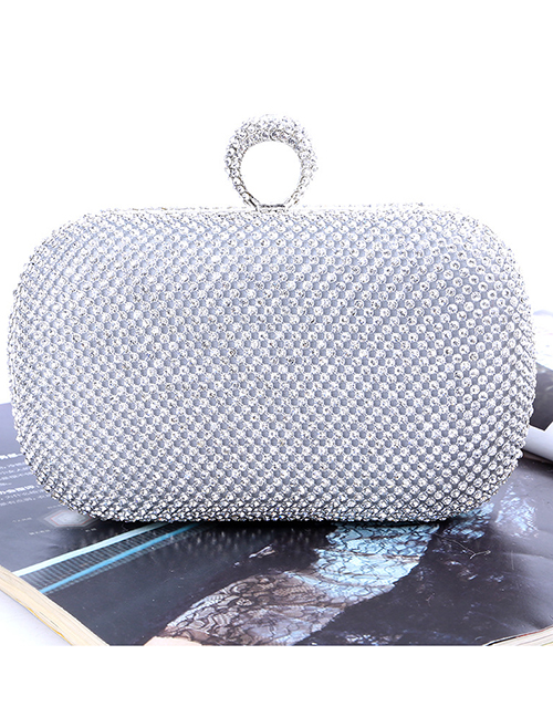 Fashion Silver Polyester Diamond Large Capacity Clutch