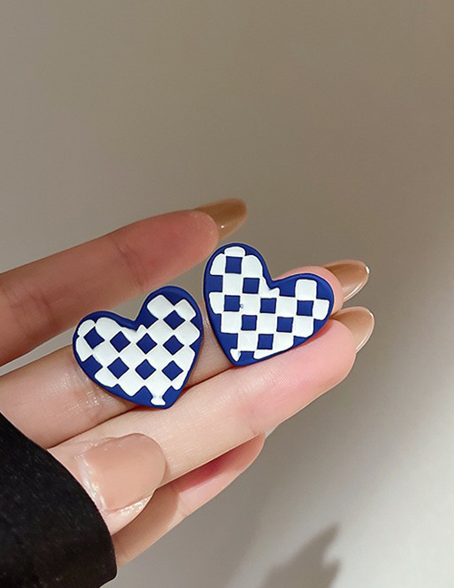 Fashion 29#blue And White Grid Love Geometric Checkerboard Love Stud Earrings
