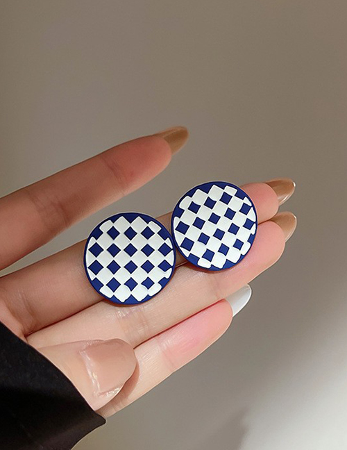Fashion 30#blue And White Grid Circle Geometric Checkerboard Round Earrings