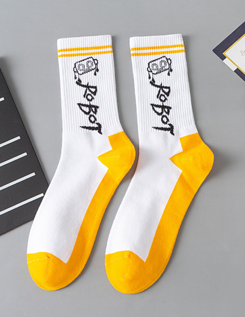 Fashion Yellow 2 Bars Cotton Robot Print Socks