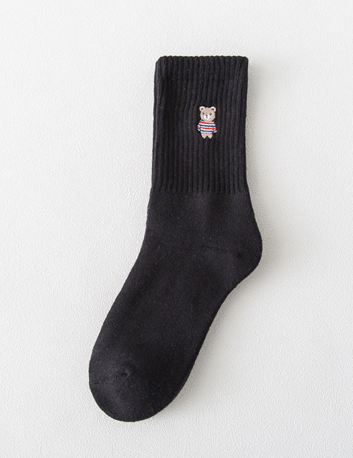 Fashion Black Bear Embroidered Thick Tube Socks